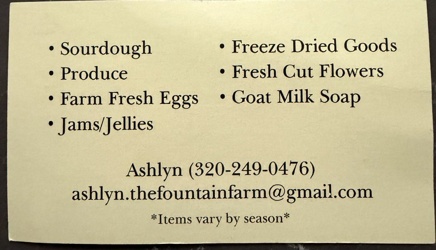 The Fountain Farm business card listing products and contact information